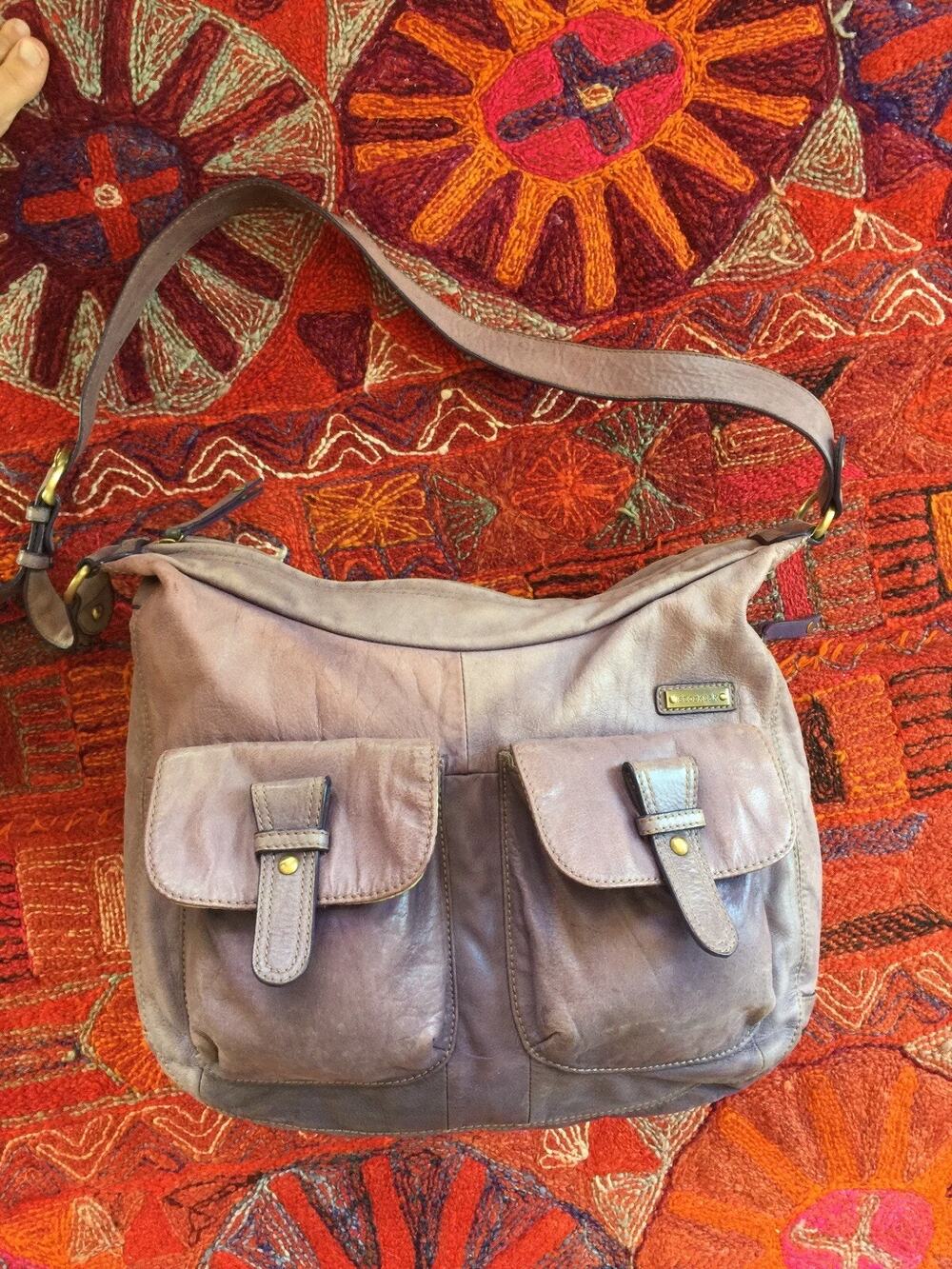 STORKSAK London "Emily" Purple Mauve Distressed Leather Designer Diaper Bag